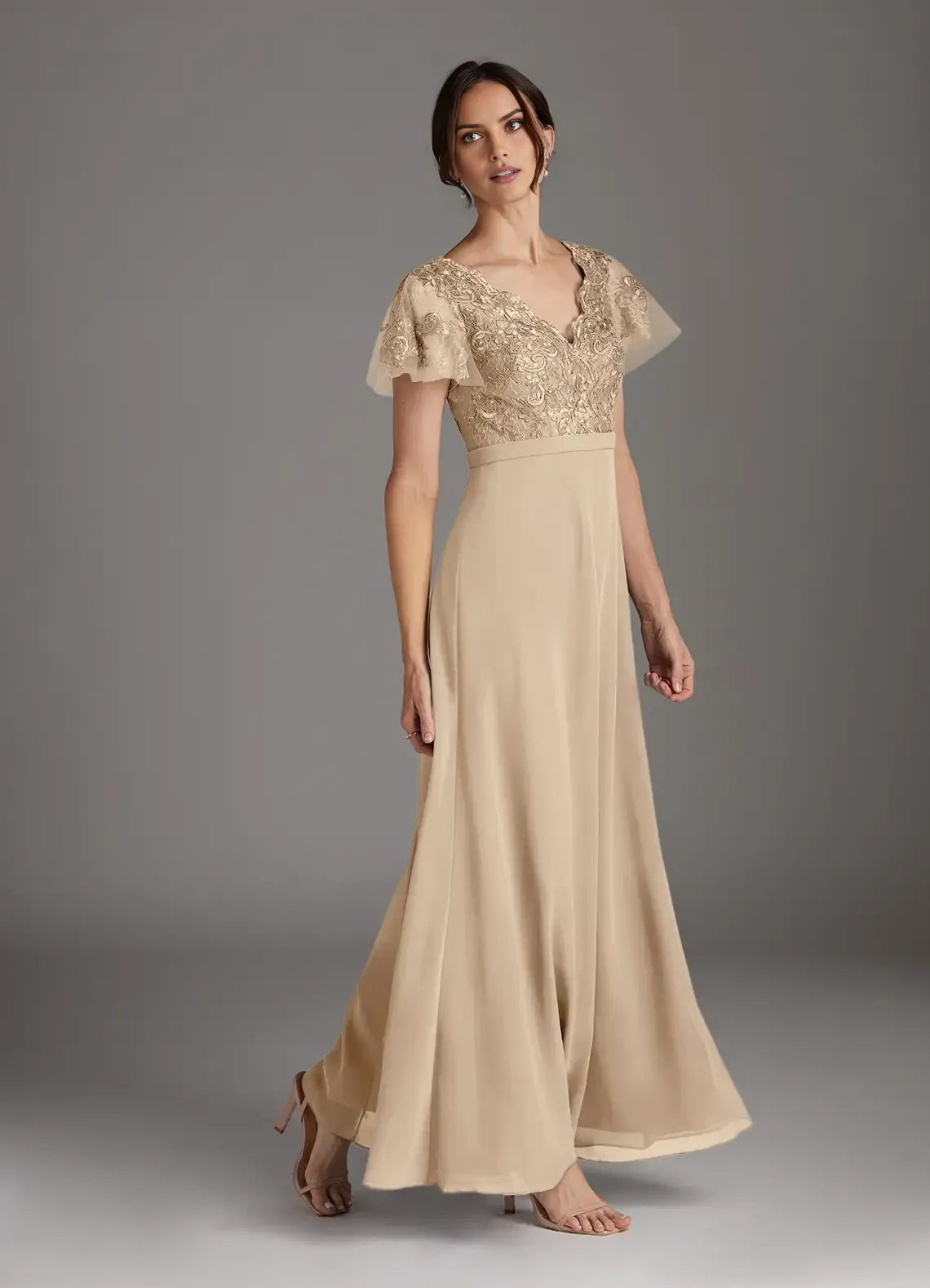 Charming Champagne A-Line V-Neck Lace Flutter Sleeve Scoop Back Zip Floor-Length Mother of the Bride Dress Custom