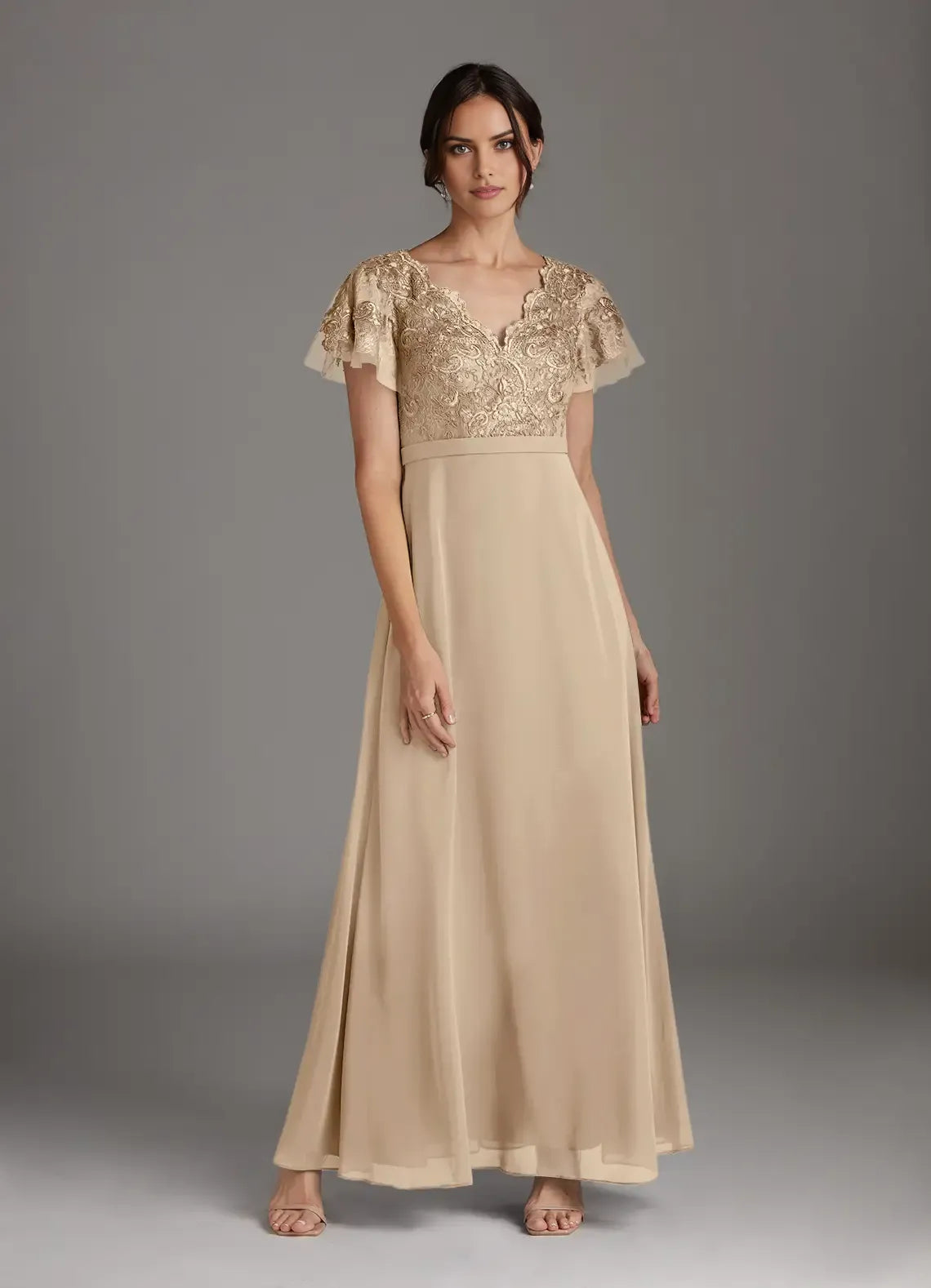 Charming Champagne A-Line V-Neck Lace Flutter Sleeve Scoop Back Zip Floor-Length Mother of the Bride Dress Custom