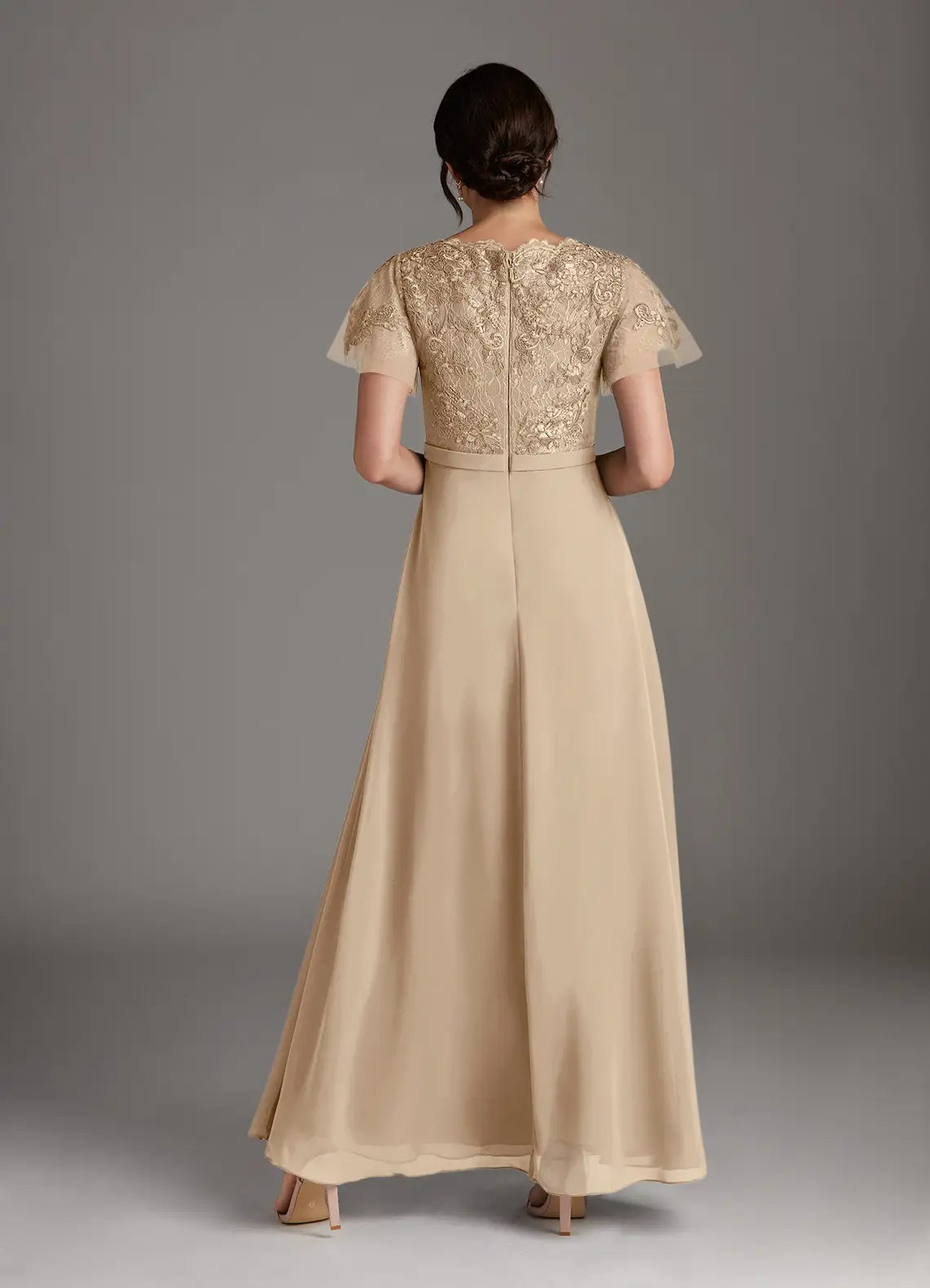 Charming Champagne A-Line V-Neck Lace Flutter Sleeve Scoop Back Zip Floor-Length Mother of the Bride Dress Custom