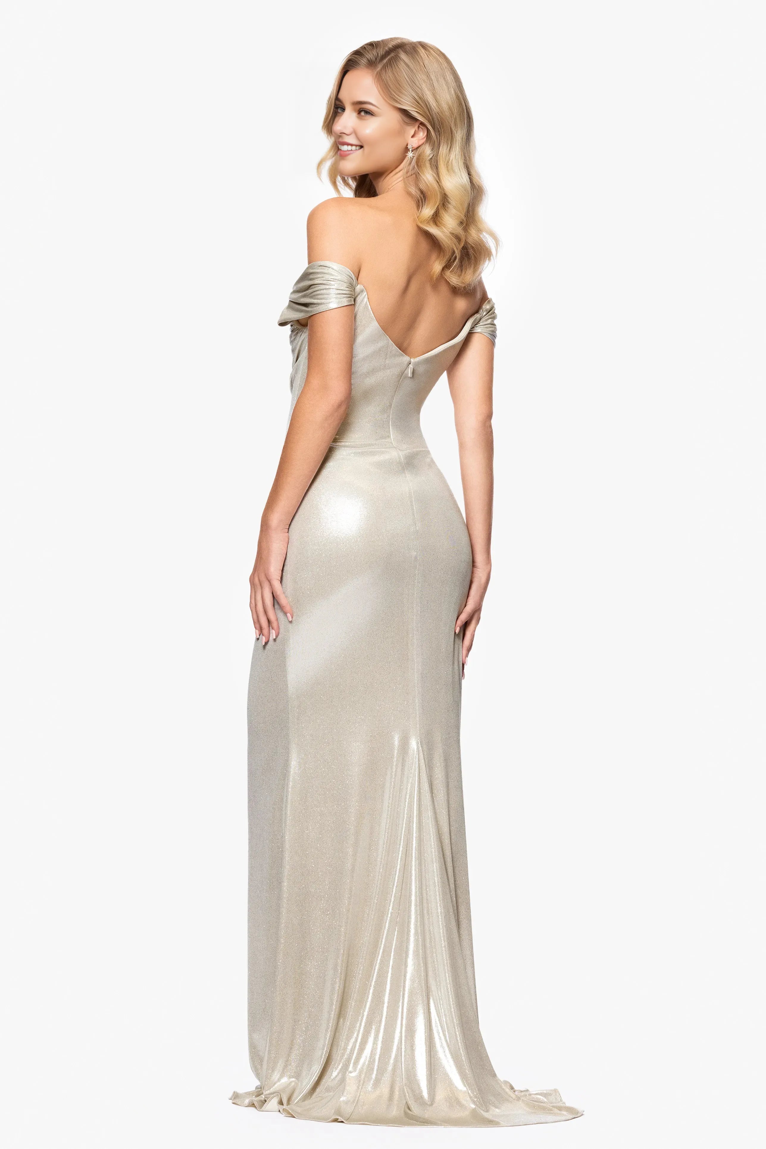 Charming Champagne Mermaid Off The Shoulder Sleeveless Back Zip Glitter Ruched Floor-Length Prom Dresses