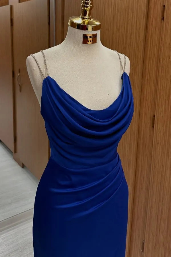 Charming Column Round Neck Spaghetti Straps Ruched High-Slit Lace Up Floor-Length Prom Dresses