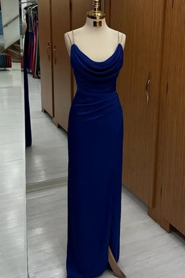 Charming Column Round Neck Spaghetti Straps Ruched High-Slit Lace Up Floor-Length Prom Dresses