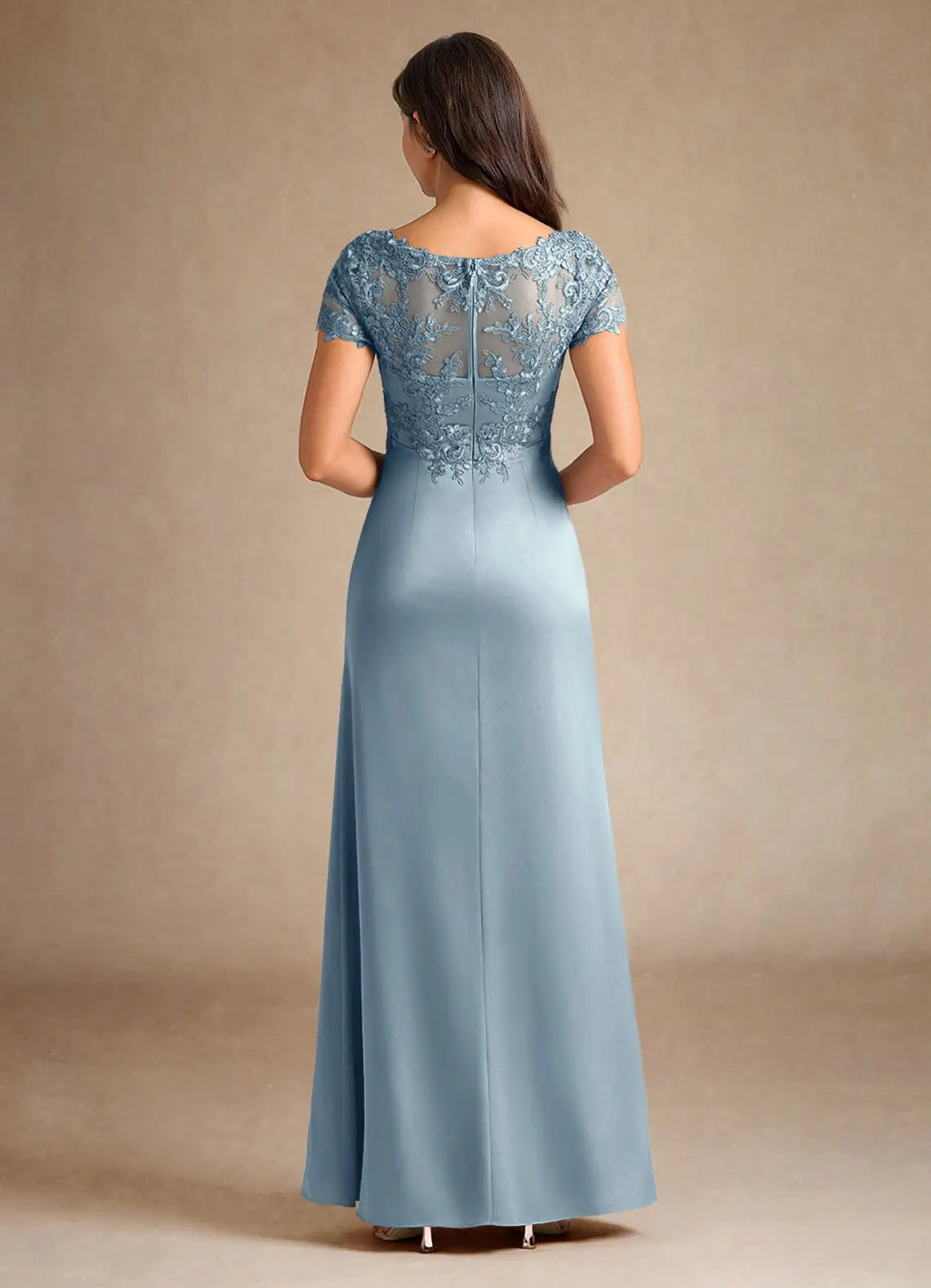 Charming Dusty Blue A-Line Lace V-Neck Short Sleeves Illusion Back Zip Floor-Length  Mother of the Bride Dress for female guests