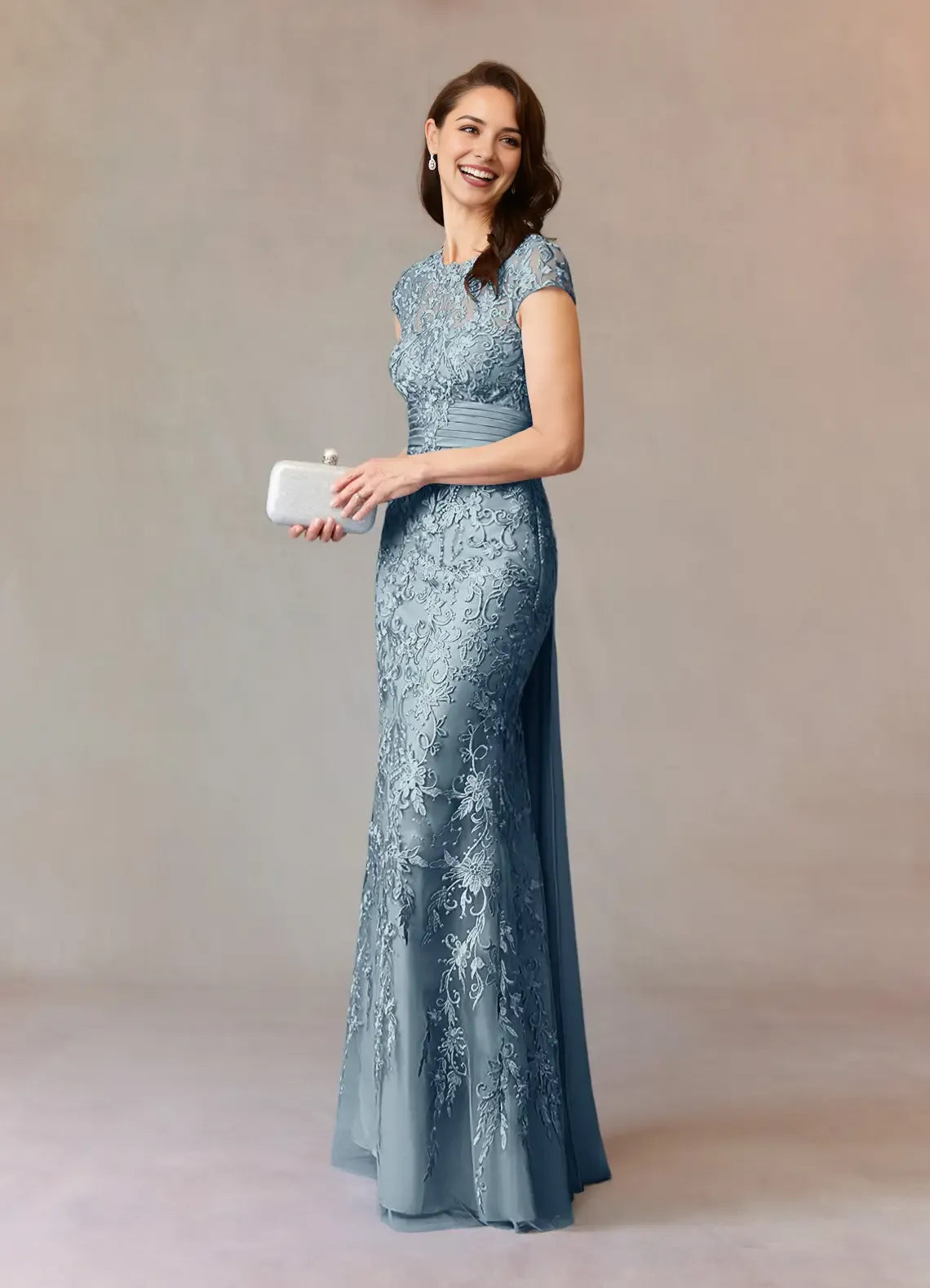 Charming Dusty Blue Mermaid Lace Scoop Neck Illusion Cap Sleeves Back Zip  Floor-Length Mother of the Bride Dress for women hot sale