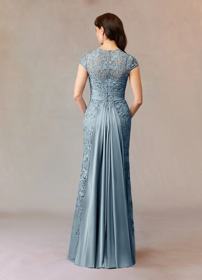 Charming Dusty Blue Mermaid Lace Scoop Neck Illusion Cap Sleeves Back Zip  Floor-Length Mother of the Bride Dress for women hot sale