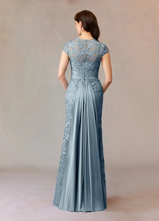 Charming Dusty Blue Mermaid Lace Scoop Neck Illusion Cap Sleeves Back Zip  Floor-Length Mother of the Bride Dress for women hot sale