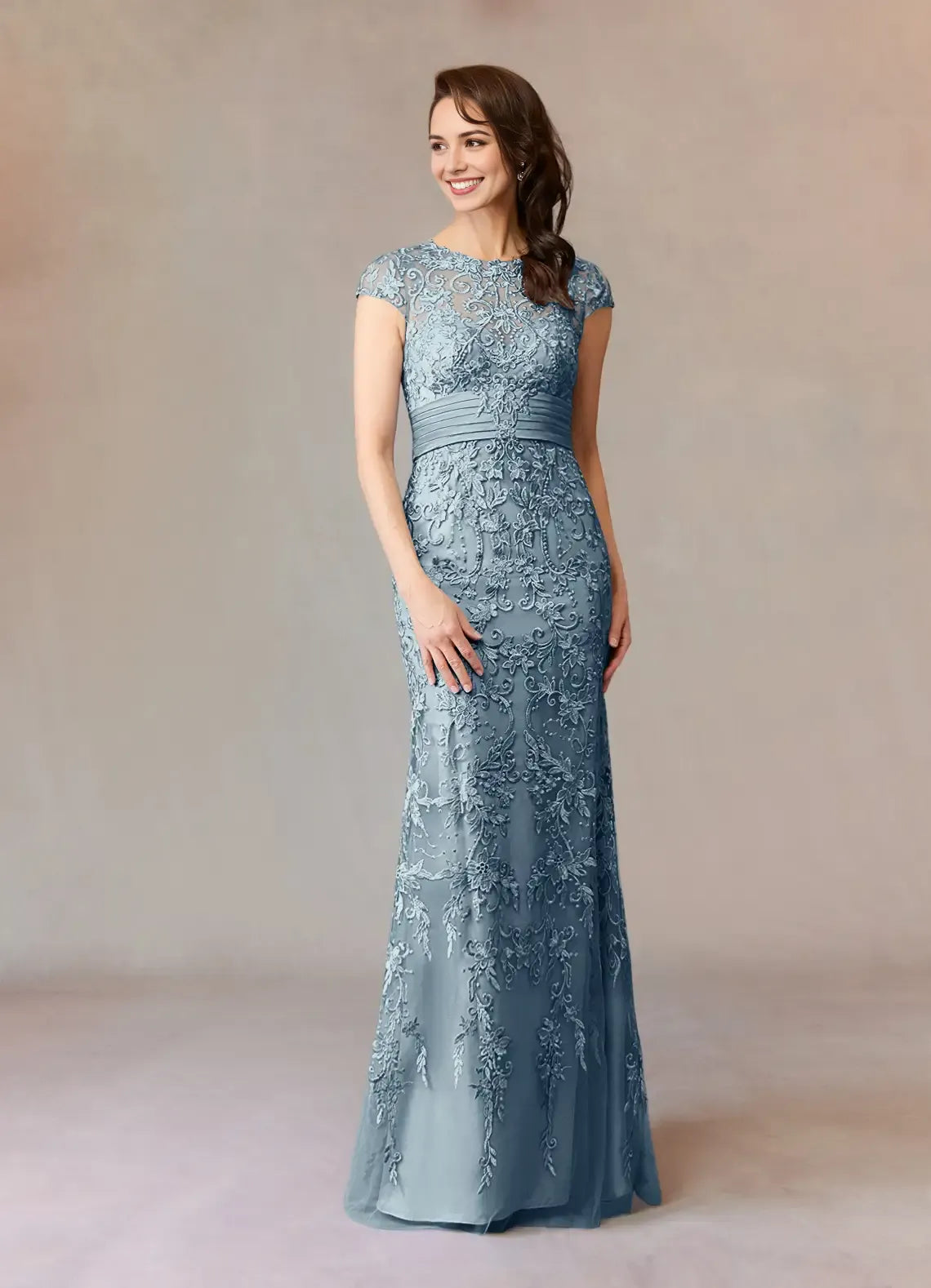 Charming Dusty Blue Mermaid Lace Scoop Neck Illusion Cap Sleeves Back Zip  Floor-Length Mother of the Bride Dress for women hot sale
