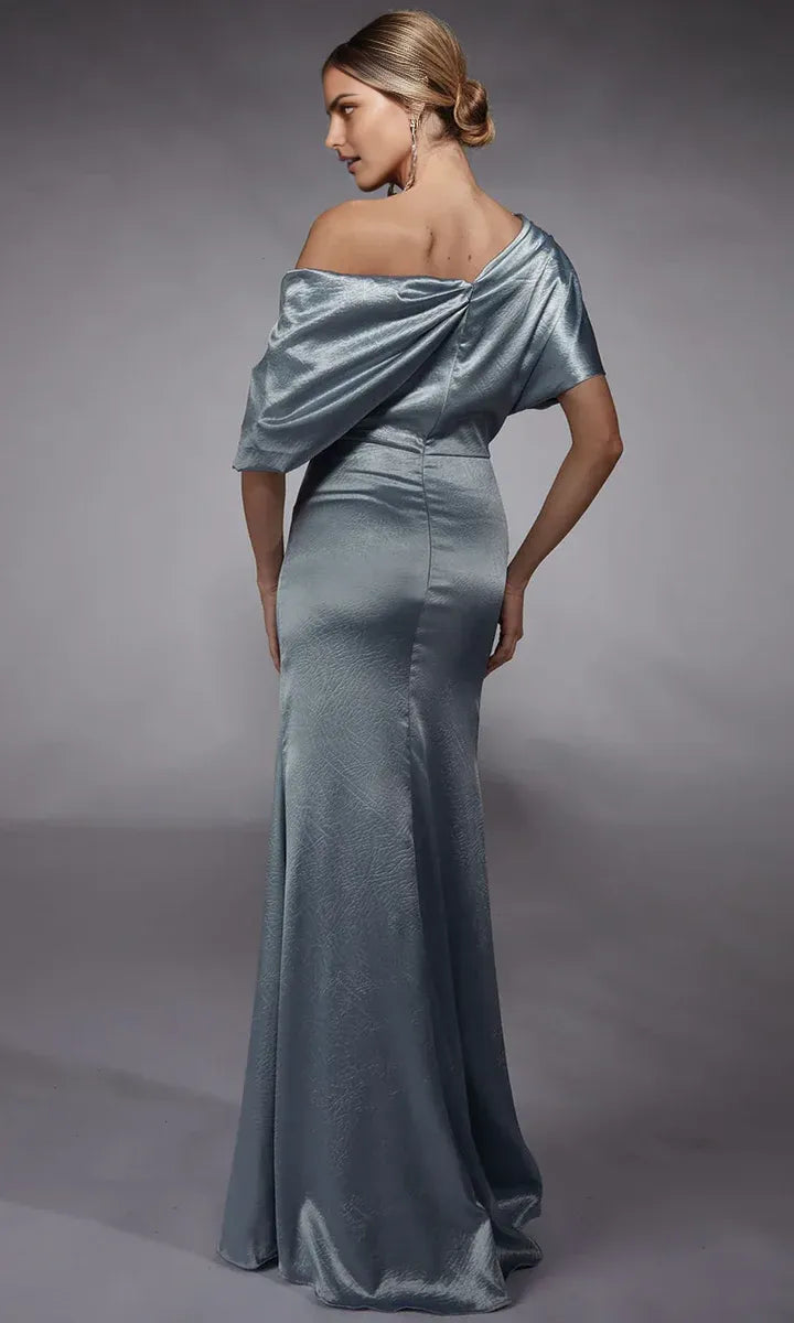 Charming French Blue Sheath Asymmetric Neck Short Sleeves Back Zipper Floor-Length High Slit Mother of the Bride Dress hot sale