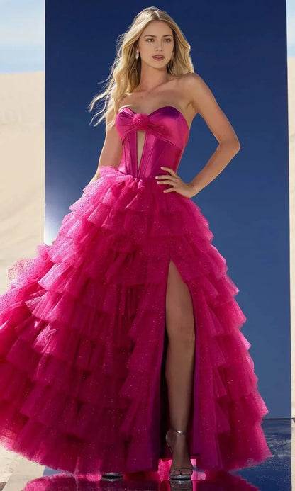 Charming Fuchsia A-Line Sweetheart Strapless Tiered Tulle Ball Gown Prom Dress with Bow Detail