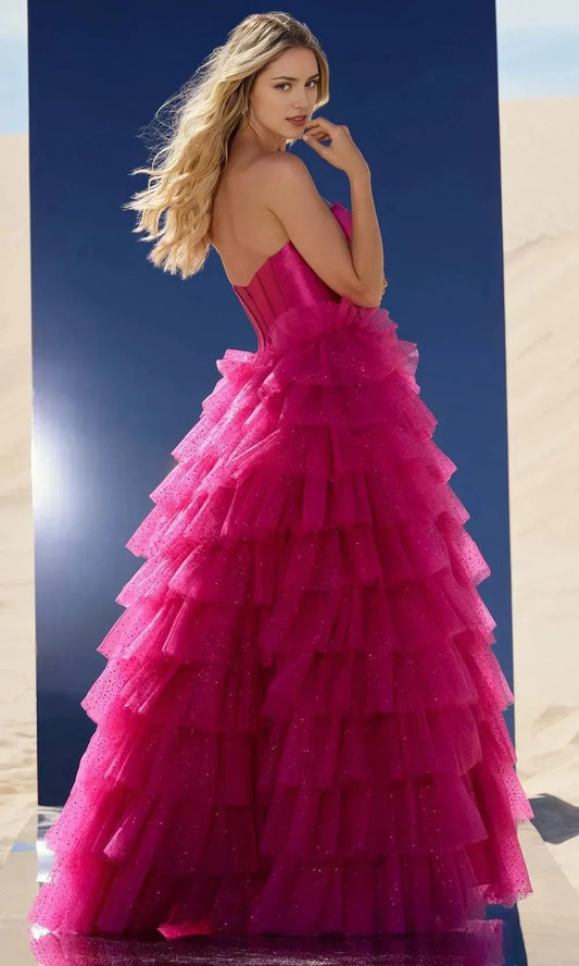 Charming Fuchsia A-Line Sweetheart Strapless Tiered Tulle Ball Gown Prom Dress with Bow Detail