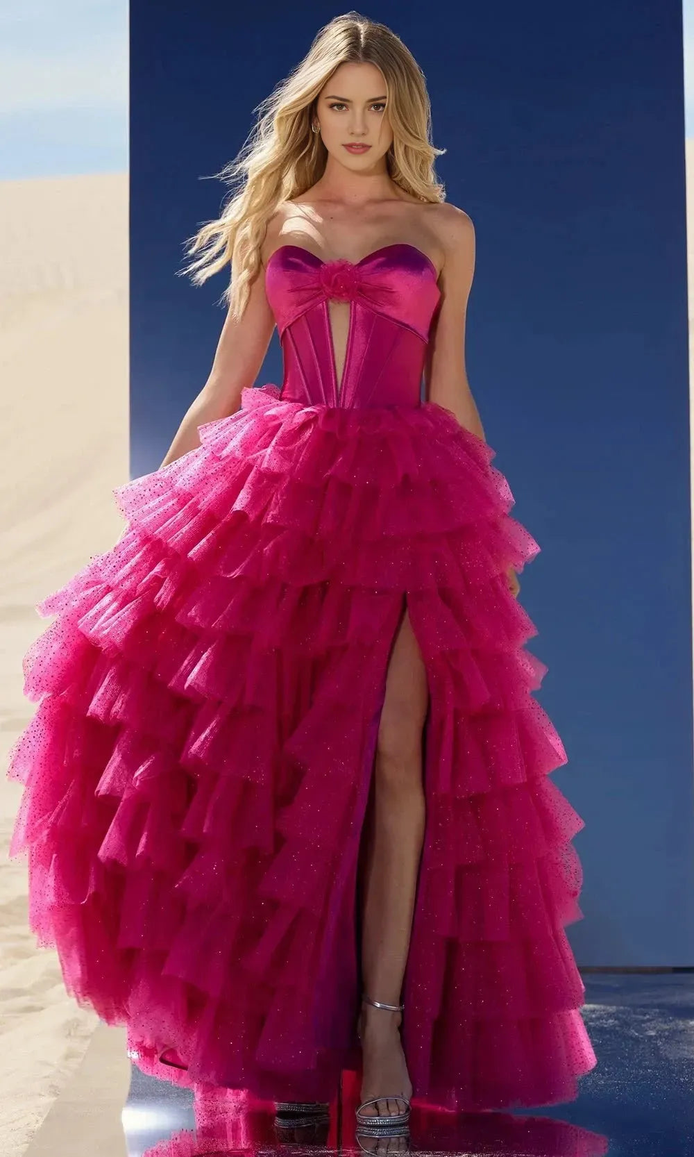 Charming Fuchsia A-Line Sweetheart Strapless Tiered Tulle Ball Gown Prom Dress with Bow Detail