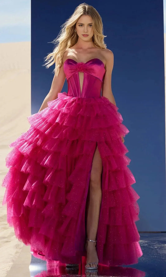 Charming Fuchsia A-Line Sweetheart Strapless Tiered Tulle Ball Gown Prom Dress with Bow Detail