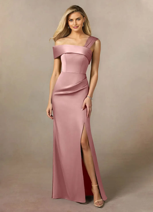 Charming  Mermaid  Asymmetrical neckline Cold Shoulder Sleeve Back Zip Floor-Length Side Leg Slit Mother of the Bride Dress for women for sale