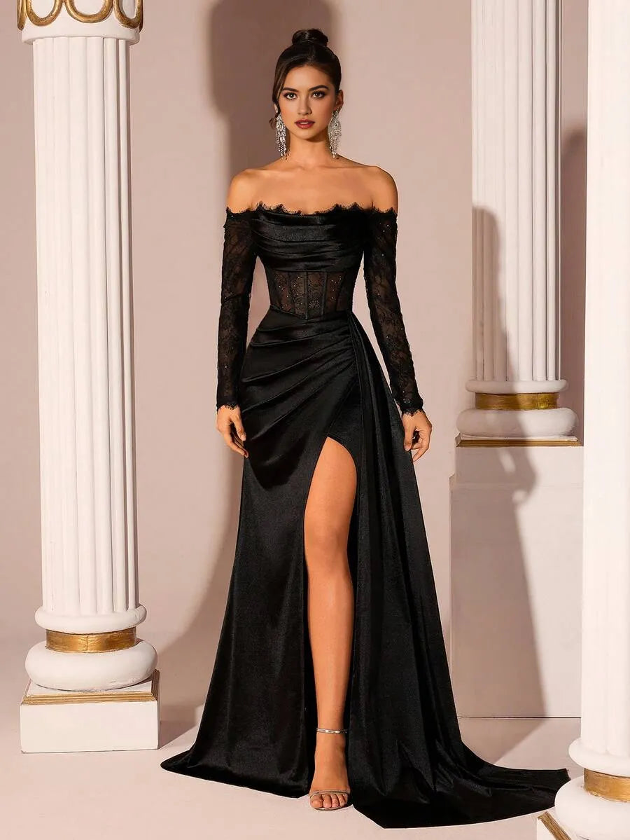 Charming Mermaid Off-Shoulder Lace Sleeve Lace-Up Back Satin Slit Floor-Length Prom Dress