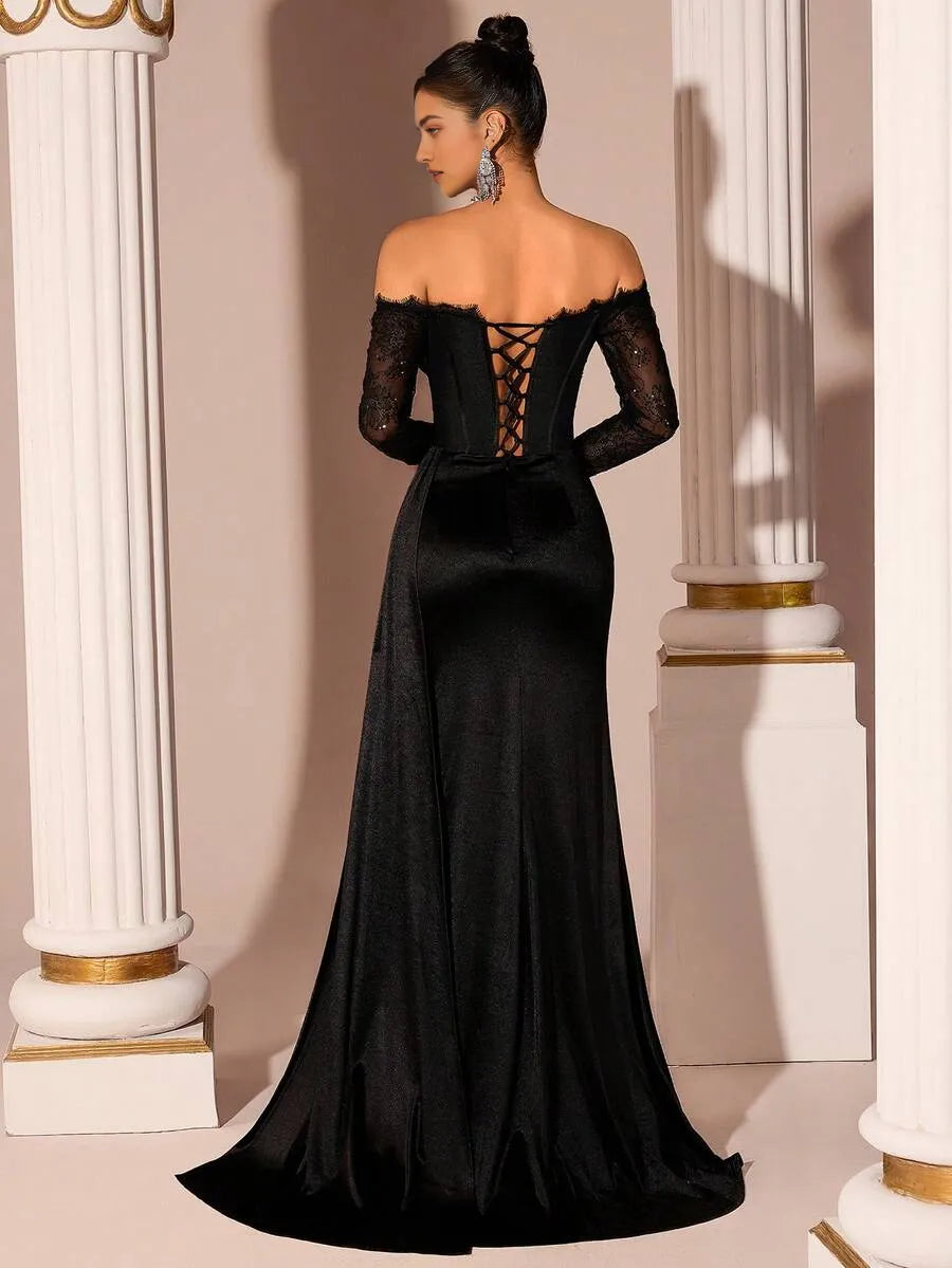 Charming Mermaid Off-Shoulder Lace Sleeve Lace-Up Back Satin Slit Floor-Length Prom Dress