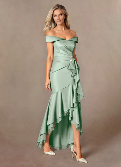 Charming Mermaid Off the Shoulder Satin Cold Shoulder Sleeve Back Zip Asymmetrical Mother of the Bride Dress for female guests for sale