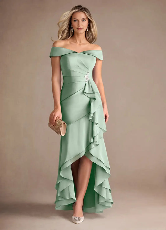 Charming Mermaid Off the Shoulder Satin Cold Shoulder Sleeve Back Zip Asymmetrical Mother of the Bride Dress for female guests for sale