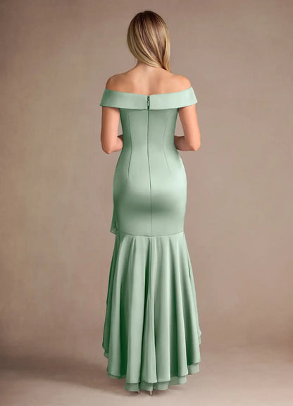 Charming Mermaid Off the Shoulder Satin Cold Shoulder Sleeve Back Zip Asymmetrical Mother of the Bride Dress for female guests for sale