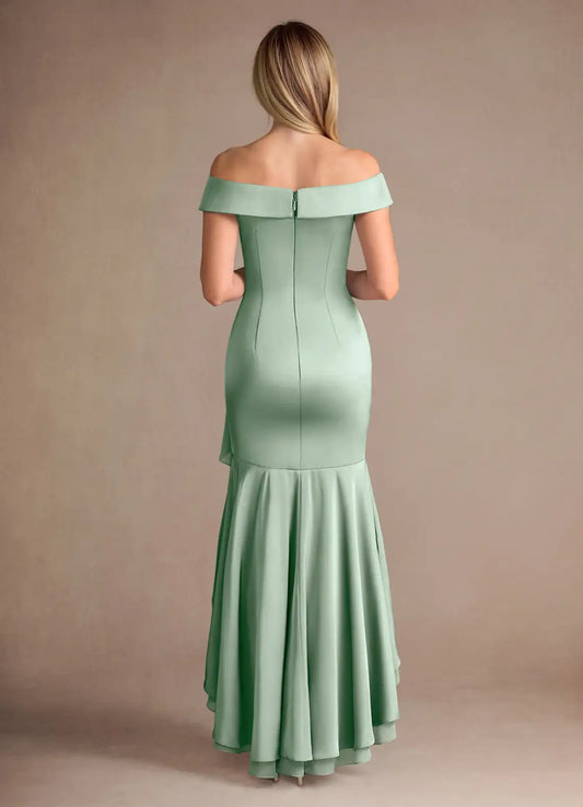 Charming Mermaid Off the Shoulder Satin Cold Shoulder Sleeve Back Zip Asymmetrical Mother of the Bride Dress for female guests for sale