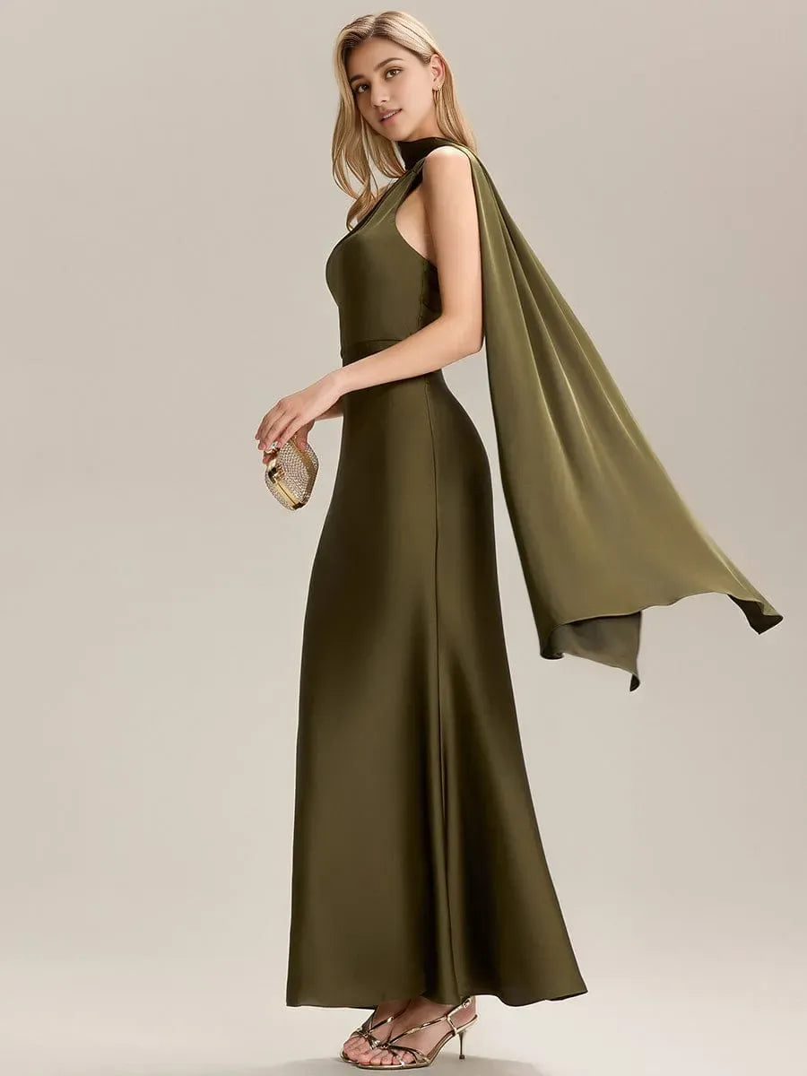 Charming Mermaid One-Shoulder Sleeveless Draped Satin Back Zip Floor-Length Prom Dresses