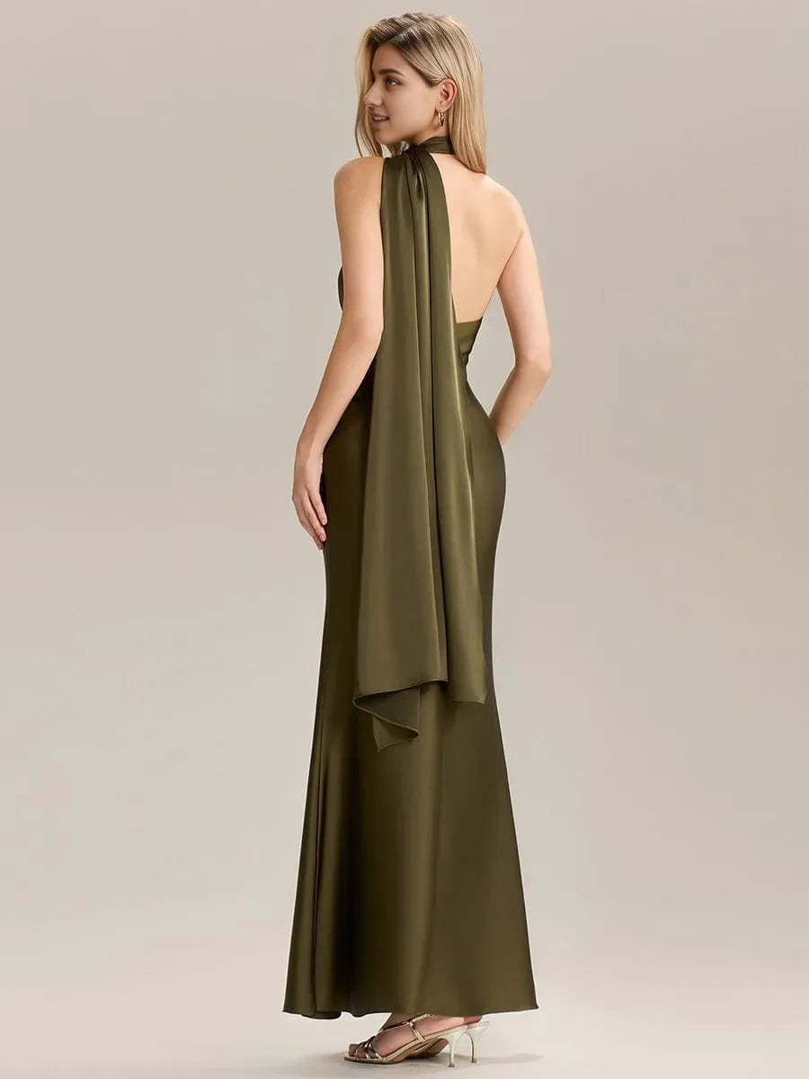 Charming Mermaid One-Shoulder Sleeveless Draped Satin Back Zip Floor-Length Prom Dresses