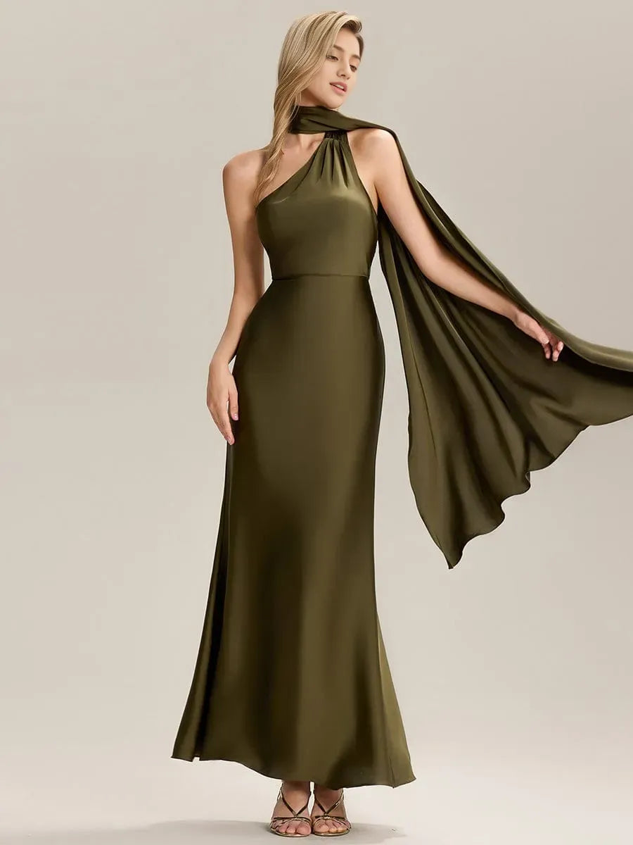 Charming Mermaid One-Shoulder Sleeveless Draped Satin Back Zip Floor-Length Prom Dresses