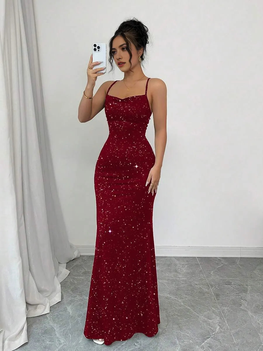 Charming Mermaid Spaghetti Strap Sleeveless Crisscross Back Glitter Floor-Length Prom Dress