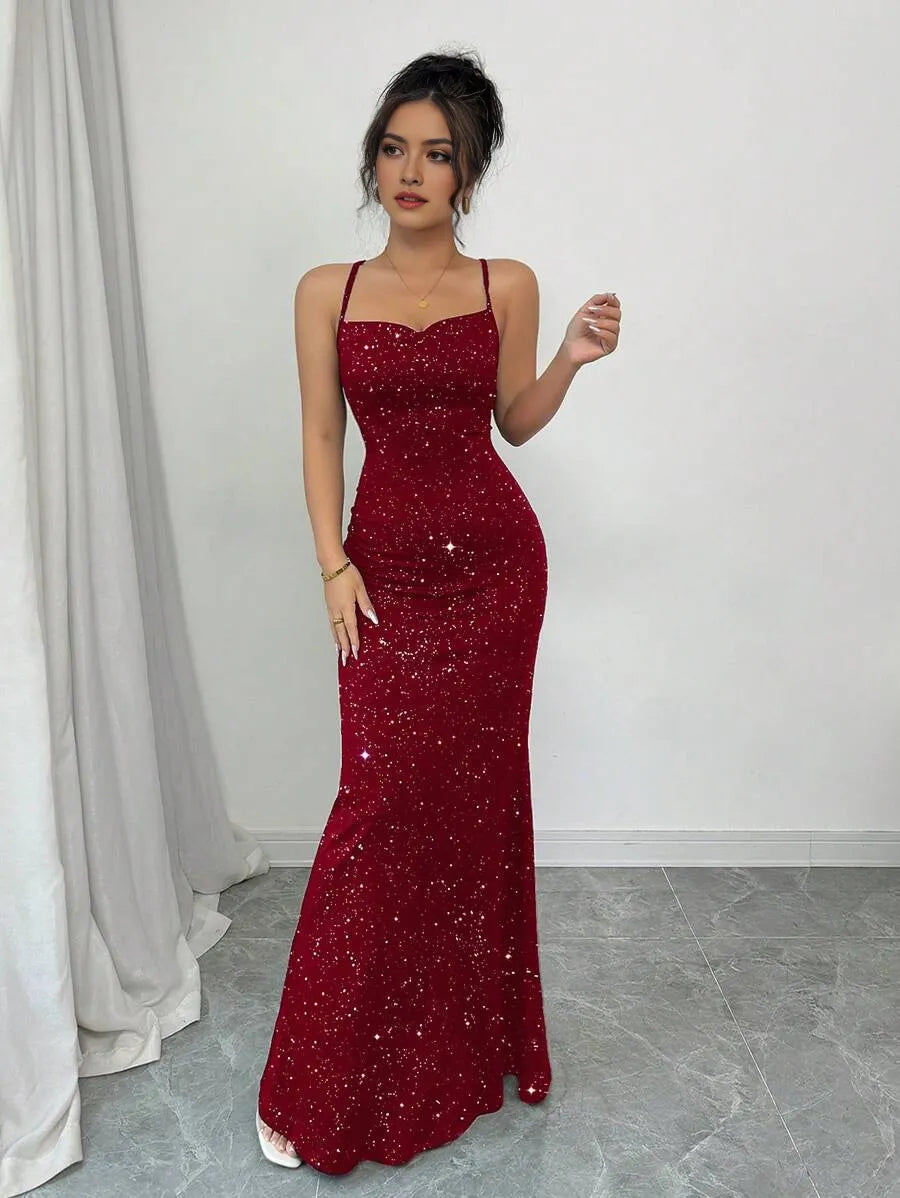 Charming Mermaid Spaghetti Strap Sleeveless Crisscross Back Glitter Floor-Length Prom Dress