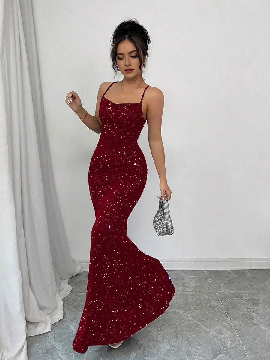 Charming Mermaid Spaghetti Strap Sleeveless Crisscross Back Glitter Floor-Length Prom Dress
