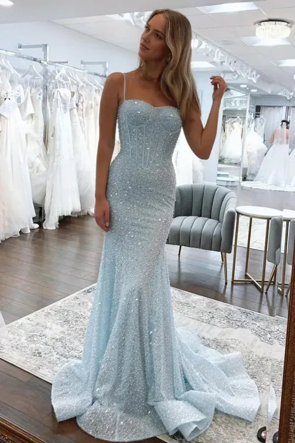 Charming Mermaid Sweetheart Neck Sleeveless Sequin Pleated Beaded Back Zip Floor-Length Prom Dress