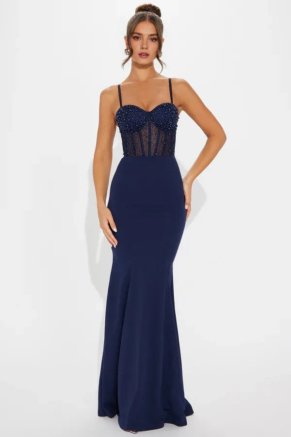 Charming Navy Mermaid Sweetheart Neckline Spaghetti Straps Cut Out Beaded Floor-Length Prom Dresses