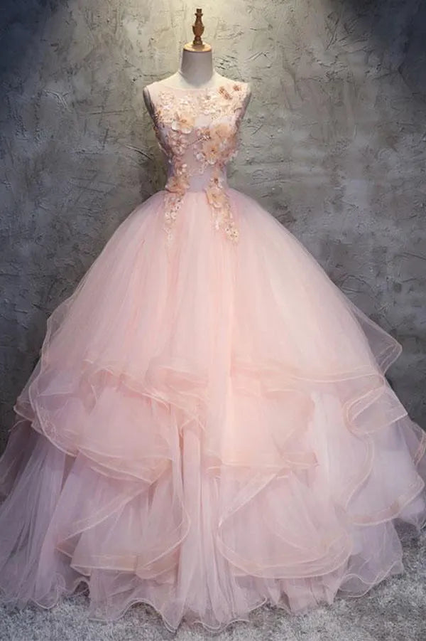 Charming Pink Ball-Gown Sweetheart Neck Sleeveless Lace Up 3D-Floral Layers Tulle Tiered Ruffle Floor-Length Prom Dresses