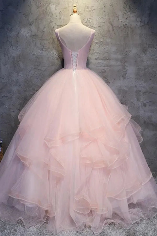 Charming Pink Ball-Gown Sweetheart Neck Sleeveless Lace Up 3D-Floral Layers Tulle Tiered Ruffle Floor-Length Prom Dresses