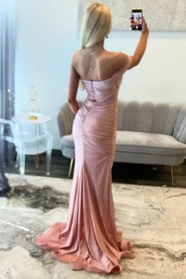 Charming Pink Mermaid One Shoulder Sleeveless Ruched Back Zip Floor-Length Prom Dress female guests for sale