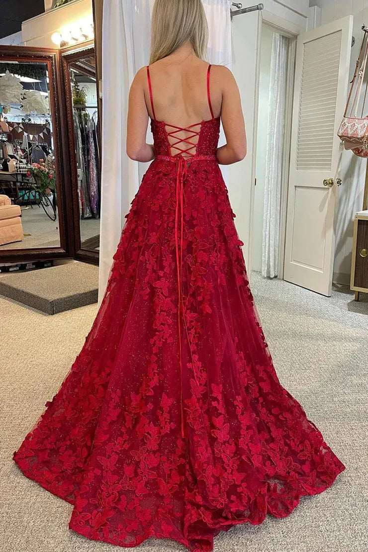 Charming Red A Line Square Neck Spaghetti Straps Lace Appliques Lace-Up-Back 3D-Floral Slit Floor-Length Prom Dresses