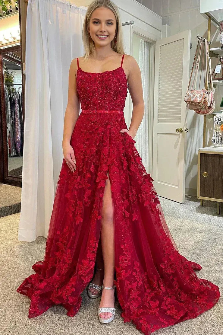 Charming Red A Line Square Neck Spaghetti Straps Lace Appliques Lace-Up-Back 3D-Floral Slit Floor-Length Prom Dresses