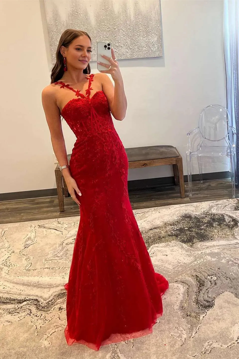 Charming Red Mermaid Floral Straps Sleeveless Tulle Appliques Lace Up Floor-Length Prom Dresses Hot Sale