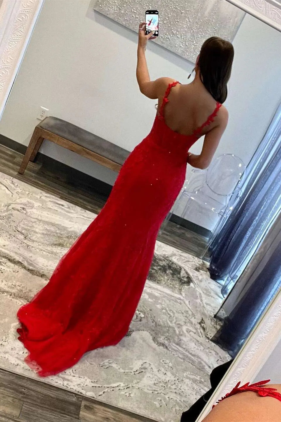Charming Red Mermaid Floral Straps Sleeveless Tulle Appliques Lace Up Floor-Length Prom Dresses Hot Sale