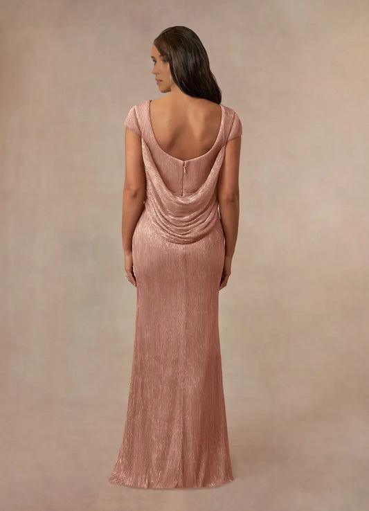 Charming Rose Gold Mermaid V-Neck Cap Sleeves Scoop Back Zip Floor-Length side leg slit Mother of the Bride Dress  hot sale