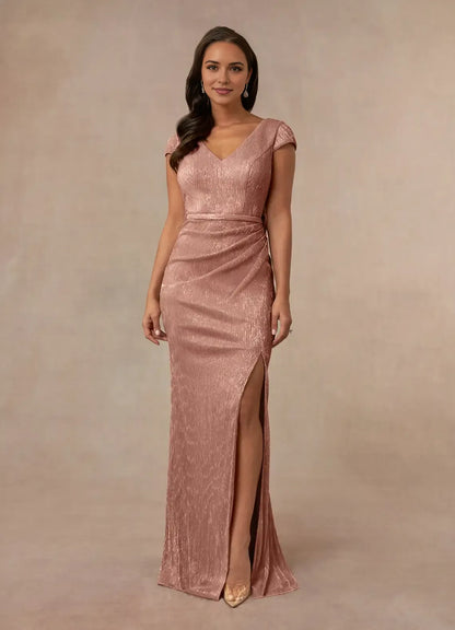 Charming Rose Gold Mermaid V-Neck Cap Sleeves Scoop Back Zip Floor-Length side leg slit Mother of the Bride Dress  hot sale