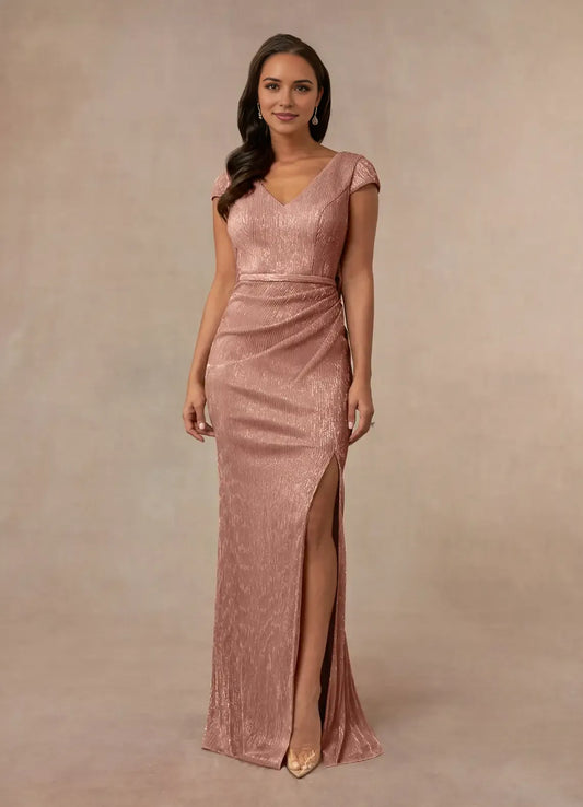Charming Rose Gold Mermaid V-Neck Cap Sleeves Scoop Back Zip Floor-Length side leg slit Mother of the Bride Dress  hot sale