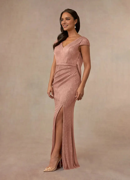 Charming Rose Gold Mermaid V-Neck Cap Sleeves Scoop Back Zip Floor-Length side leg slit Mother of the Bride Dress  hot sale
