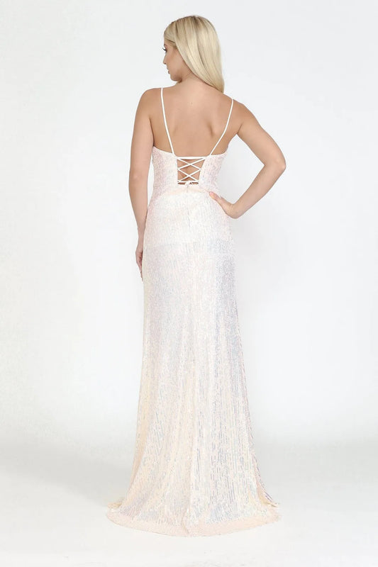 Charming Sequin illusion V-neck sleeveless Crisscross Back Floor length  side leg slit prom dress for women for sale