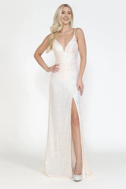 Charming Sequin illusion V-neck sleeveless Crisscross Back Floor length  side leg slit prom dress for women for sale