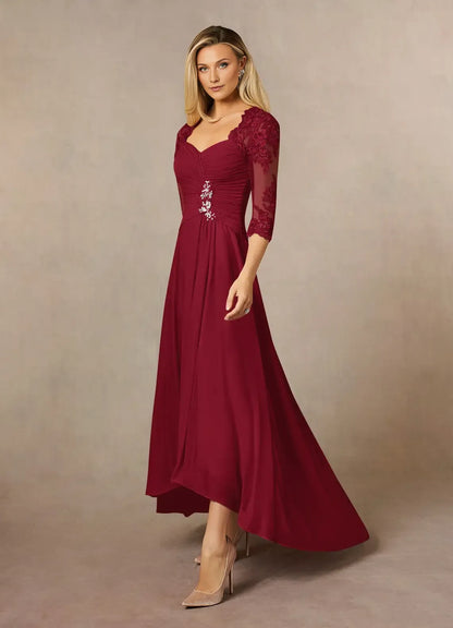 Charming Sheath Burgundy Sweetheart Sequins Three-Quarter Sleeve Illusion Back Zip Asymmetrical Mother of the Bride Dress for women hot sale