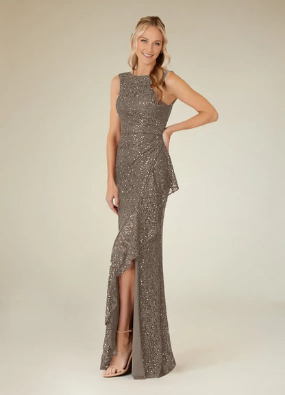 Charming Sheath Sequins Lace Boat neck Sleeveless Back Zip Floor-Length Side Leg Slit Mother of the Bride Dress for women hot sale