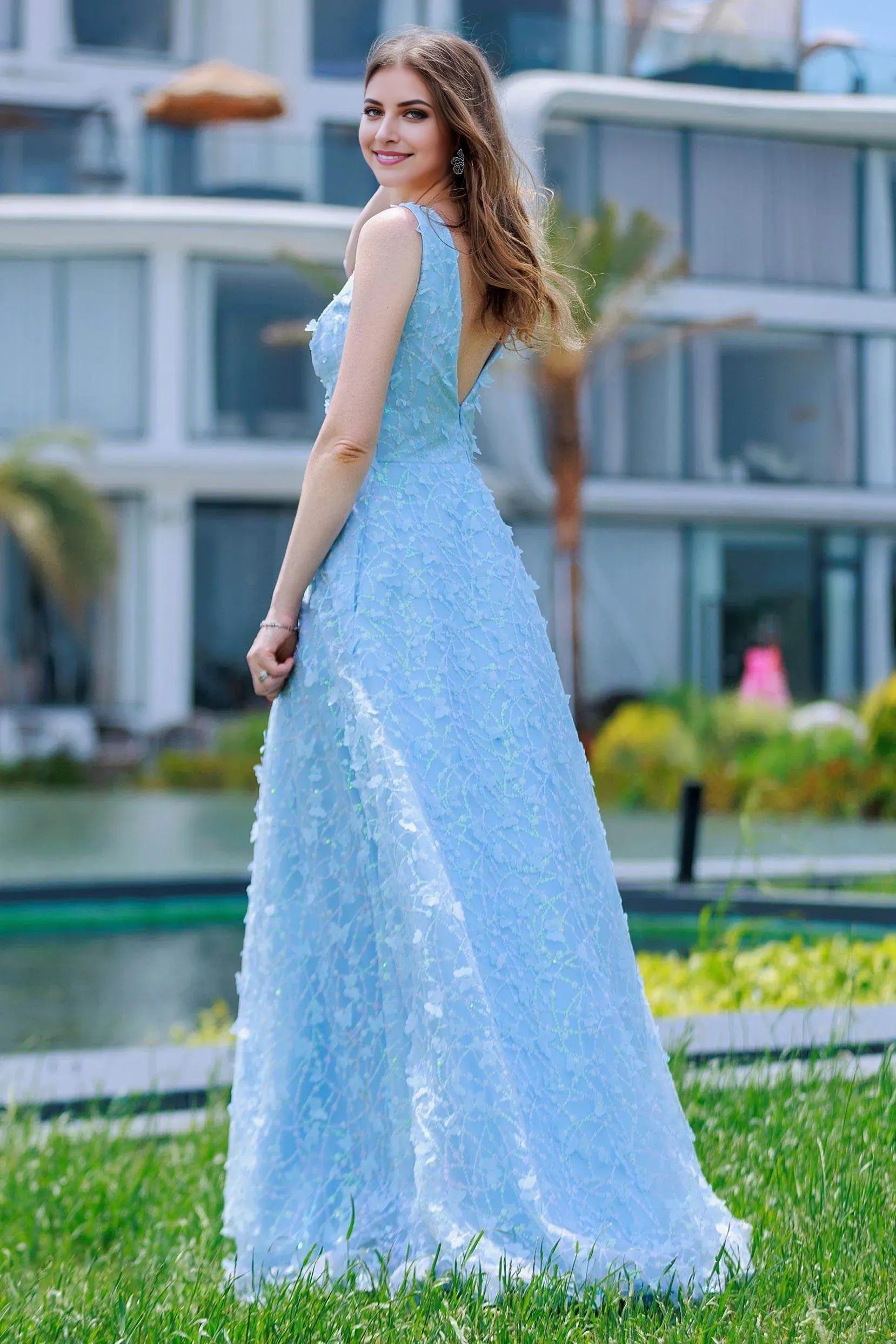 Charming Sky Blue A-Line V-Neck Sleeveless Back Zip Floor-Length Sequined Lace Prom Dress with Floral Embellishments