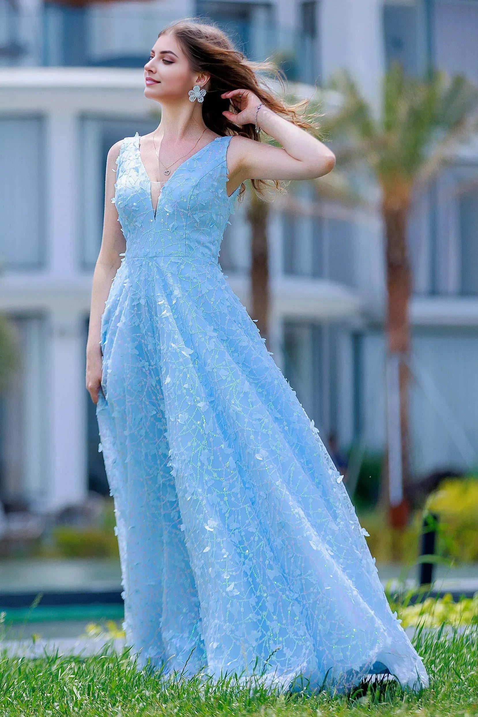 Charming Sky Blue A-Line V-Neck Sleeveless Back Zip Floor-Length Sequined Lace Prom Dress with Floral Embellishments