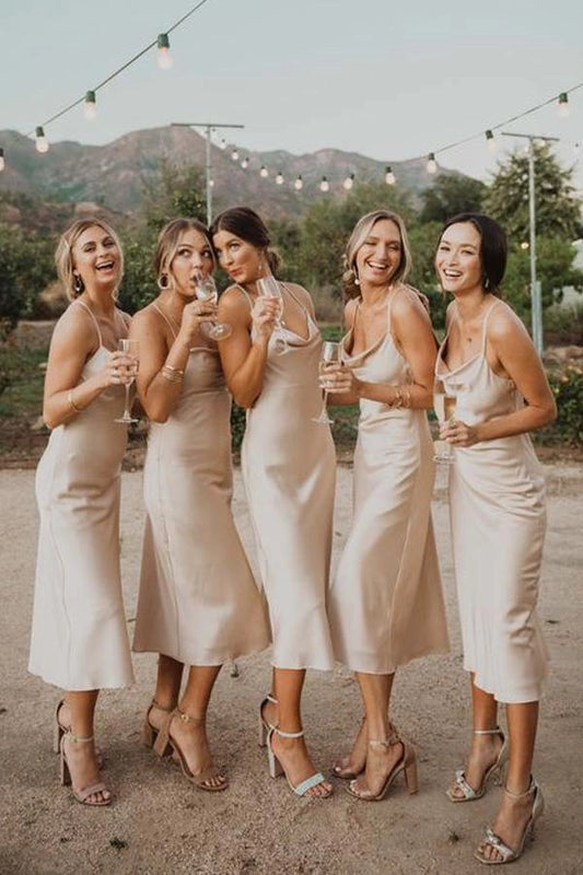 Charming Spaghetti Straps Champagne Silk Satin Bridesmaid Dresses