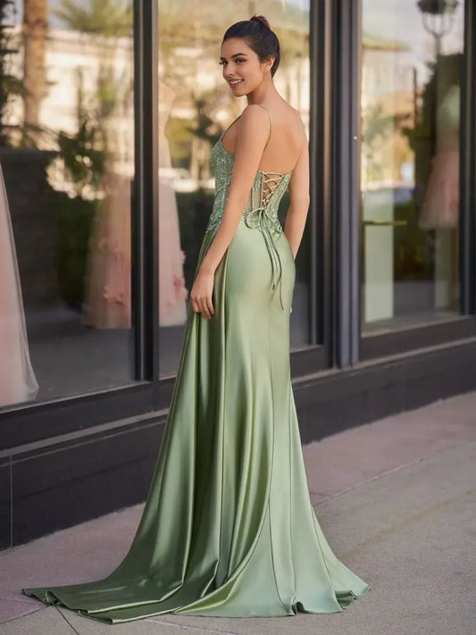 Charming Sweetheart  Spaghetti Straps Lace Up Floor-Length side leg slit Mermaid  prom dress for women for sale